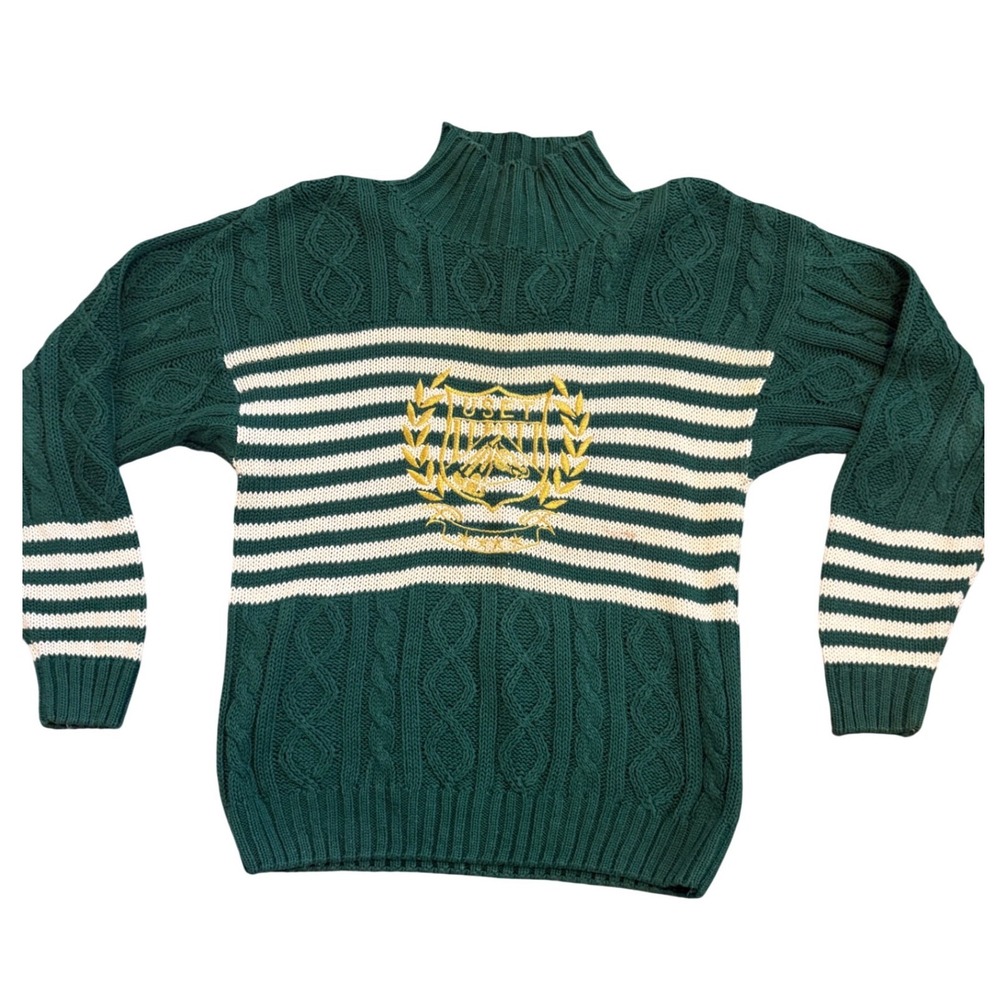 Vintage USET Equestrian Crest Cable Knit Sweater Green White Striped Mock Neck